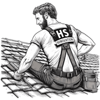 a man in overalls is working on a roof